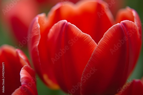 Obraz na płótnie Captivating closeup unveils the intricate details of deep red tulip petal edges, epitomizing nature's delicate artistry and the vibrant essence of springtime beauty w salonie