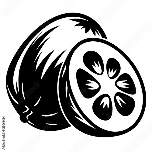 Minimalist design of a sliced sapodilla with abstract white highlights