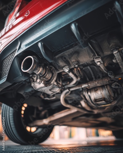 Close Up of Modern Car Underside Detail Exhaust and Suspension System in Garage Underneath View