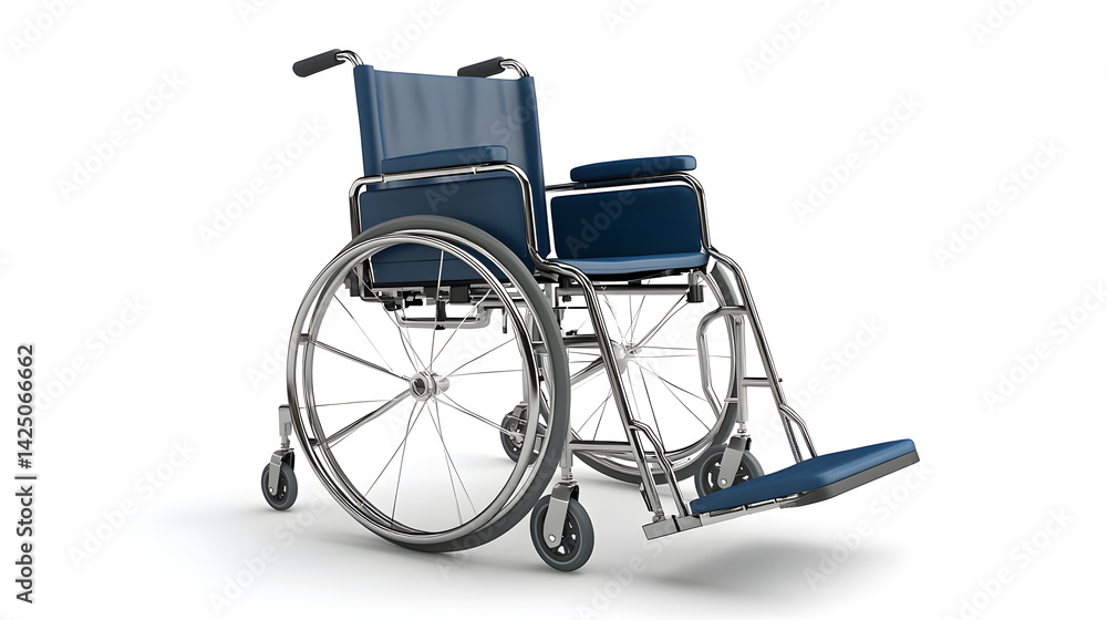 Fototapeta premium blue wheelchair with metal frame and footrests on white background. design is simple and functional