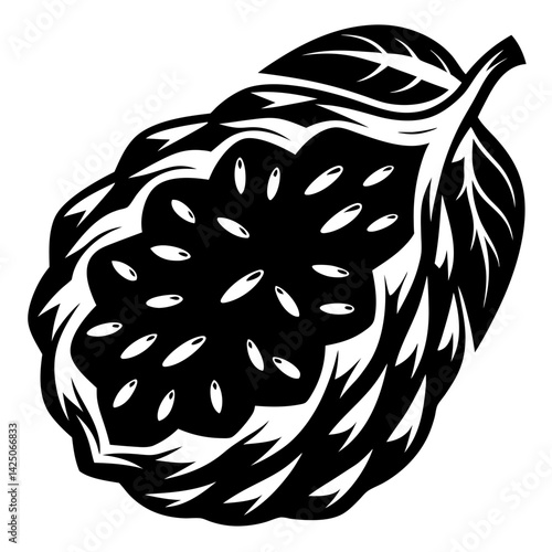 Stylized black and white illustration of a soursop with distinct markings