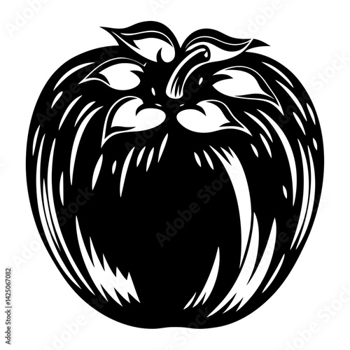 Monochrome apple illustration with leaf accents, artistic design, minimalist style