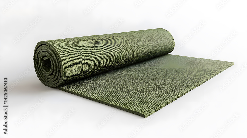 Rolled green yoga mat on white background, perfect for fitness and exercise branding