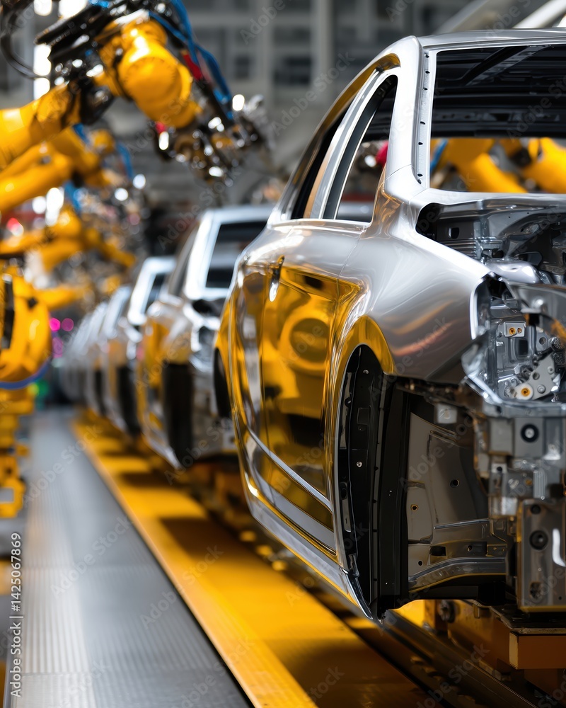 Automotive assembly line with robotic arms crafting a modern silver car body in a bright factory Automotive assembly line with robotic arms crafting a modern silver car body in a bright factory