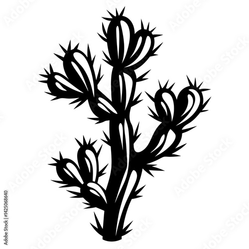 A black and white rendition of a prickly Cholla cactus plant