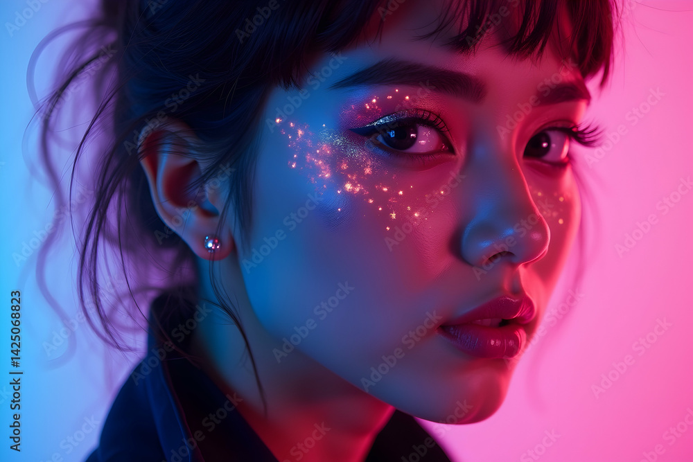 Captivating portrait of a woman with futuristic makeup and vibrant pink and blue lighting enhancing her features in a visually striking composition Captivating portrait of a woman with futuristic makeup and vibrant pink and blue lighting enhancing her features in a visually striking composition