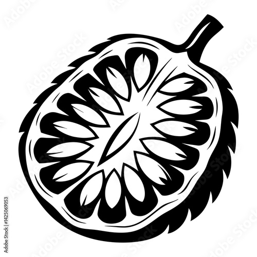 Monochrome illustration of a sliced jackfruit with seeds and textured rind