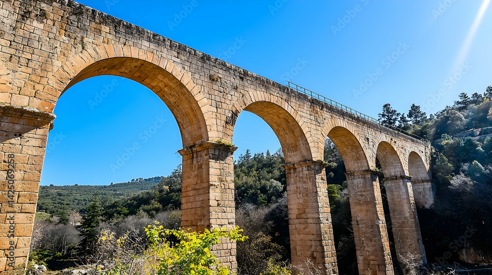 Ancient stone aqueduct arches against a clear blue sky, overlooking a valley landscape; perfect for historical, travel, or architectural websites and publications Ancient stone aqueduct arches against a clear blue sky, overlooking a valley landscape; perfect for historical, travel, or architectural websites and publications