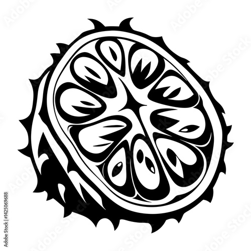 Dramatic Black and White Graphic Rendering of a Horned Melon Slice