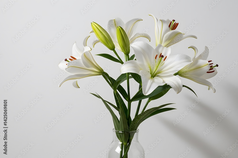 White lilies, elegant floral arrangement, casting a tranquil ambiance on a subtle cream background, Serene composition of beautiful white lilies with delicate shadows