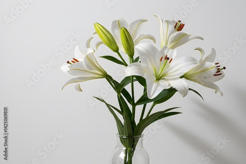 Obraz na płótnie White lilies, elegant floral arrangement, casting a tranquil ambiance on a subtle cream background, Serene composition of beautiful white lilies with delicate shadows w salonie