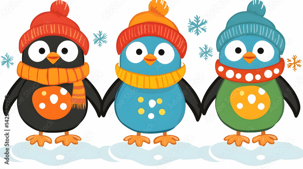 Obraz premium Three penguins wearing winter hats and scarves hold hands in the snow