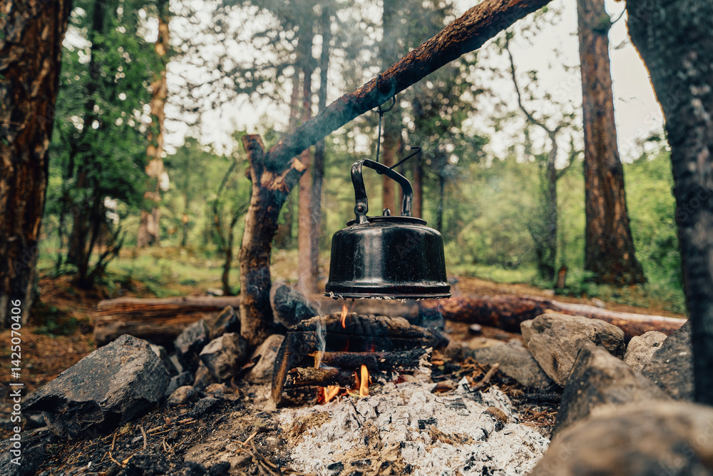 old kettle over campfire