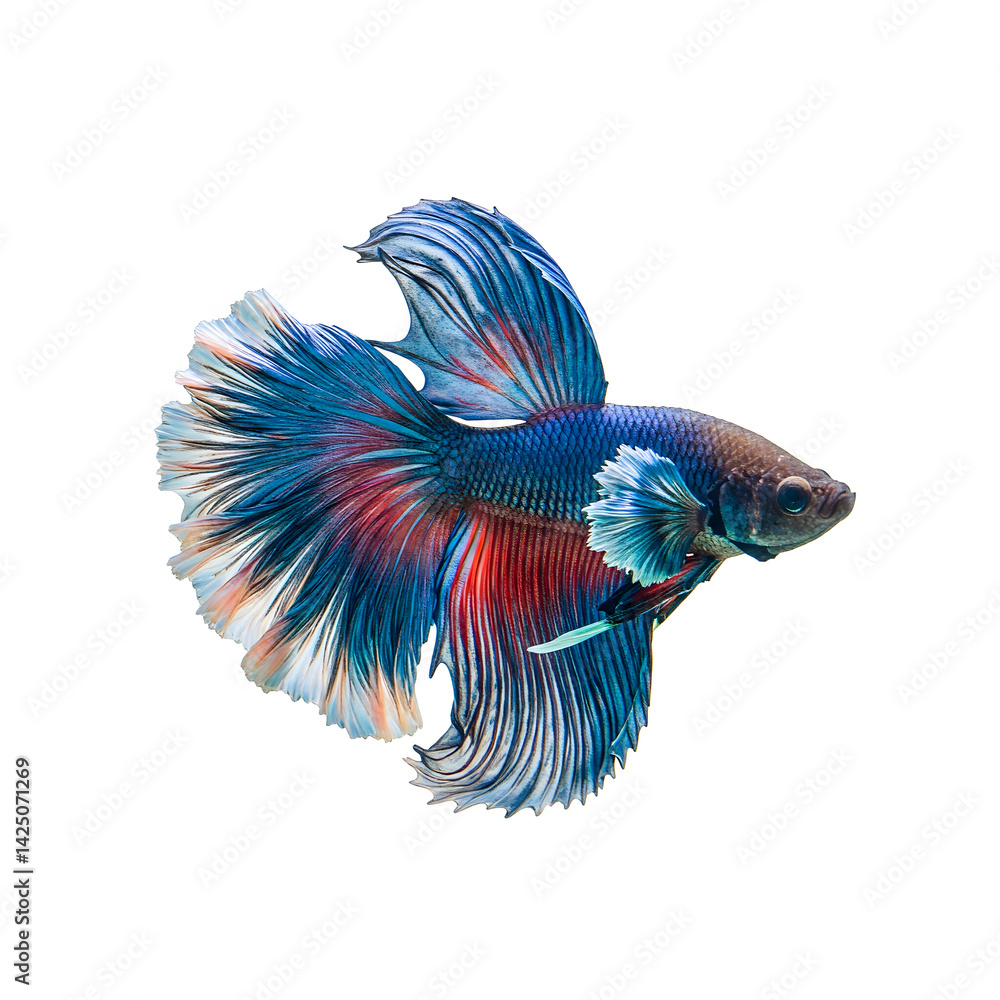 Fototapeta premium Exquisite Betta Fish: A mesmerizing image showcasing a vibrant betta fish in all its glory. The close-up shot reveals intricate details of the fish's radiant fins and scales.
