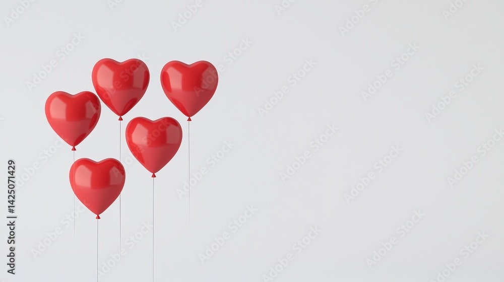 A cluster of five shiny red heart-shaped balloons floating against a minimalistic white background, symbolizing love and celebration. A cluster of five shiny red heart-shaped balloons floating against a minimalistic white background, symbolizing love and celebration.