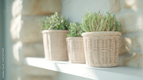 Rustic potted herbs on a shelf photo