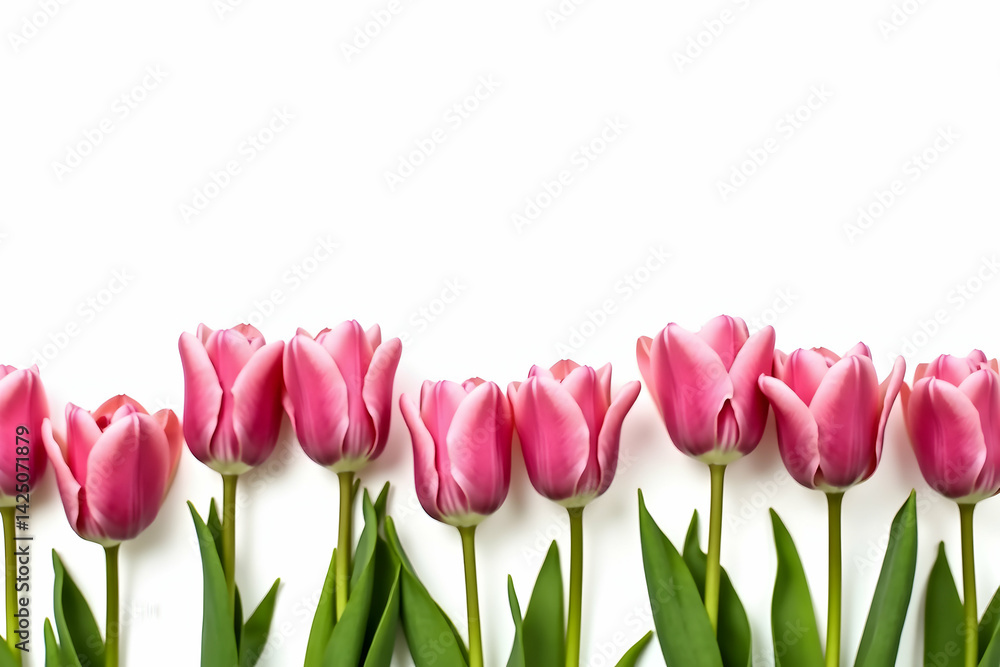 Fototapeta premium Charming row of pink tulips isolated on a clean white canvas, evoking the essence of spring and floral freshness, creating a visually appealing and serene composition