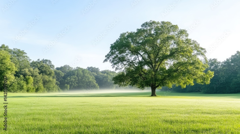 Fototapeta premium Peaceful meadow landscape at dawn. A lone tree stands tall amidst a grassy field bathed in morning mist, with a backdrop of lush green forest. Soft light paints the scene,