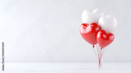 Heart-shaped balloons, red and white, on a plain background