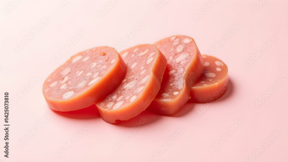 Close-up of Sliced Sausage Medallions on a Light Pink Surface Showing a Delicious Meat Product Presentation Perfect for Culinary or Food-Related Designs Close-up of Sliced Sausage Medallions on a Light Pink Surface Showing a Delicious Meat Product Presentation Perfect for Culinary or Food-Related Designs