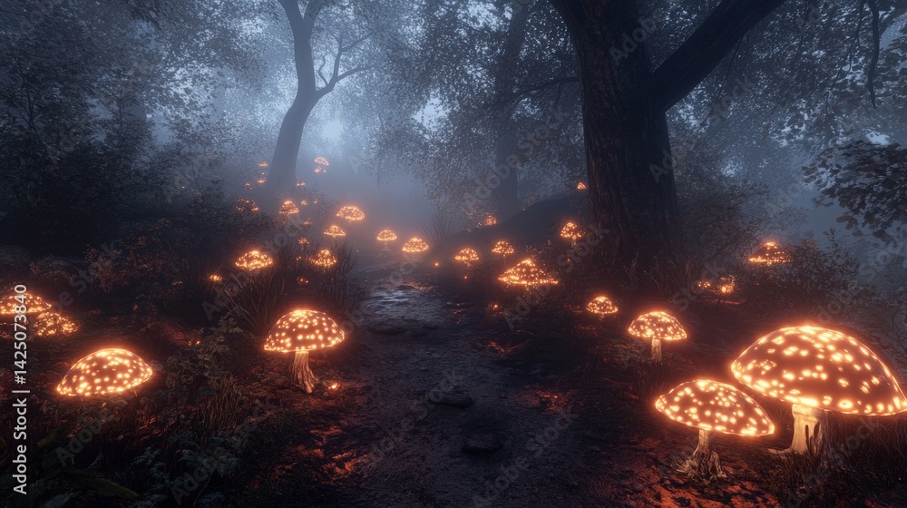 Enchanted forest path illuminated by glowing mushrooms. Enchanted forest path illuminated by glowing mushrooms.