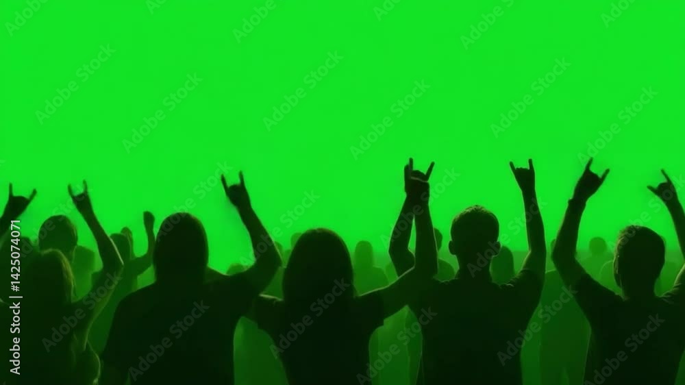 Rock On! The silhouette of a vibrant crowd shows appreciation for the music with raised hands forming the iconic rock gesture in front of the energetic green backdrop. Rock On! The silhouette of a vibrant crowd shows appreciation for the music with raised hands forming the iconic rock gesture in front of the energetic green backdrop.