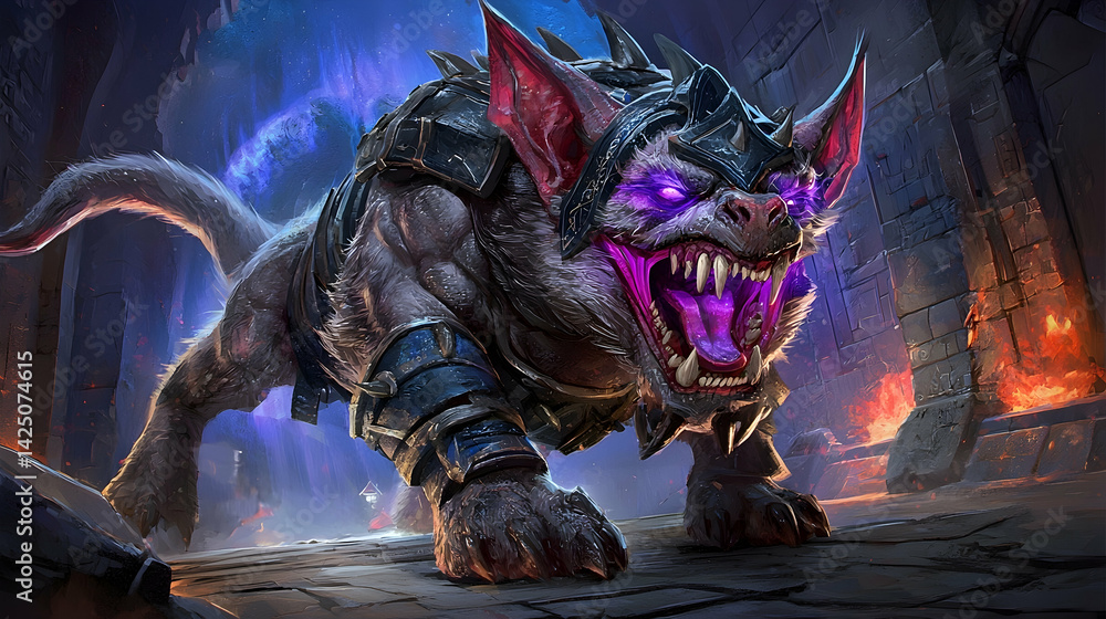 Armored fantasy creature roars in a dark, stone dungeon with fire and magic in the background Armored fantasy creature roars in a dark, stone dungeon with fire and magic in the background