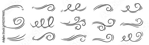 Wind line air swirl smoke vector icon set. Hand drawn doodle wind motion, air blow, swirl doodle elements. Sketch drawn air blow motion, smoke flow wave, abstract line. Vector illustration