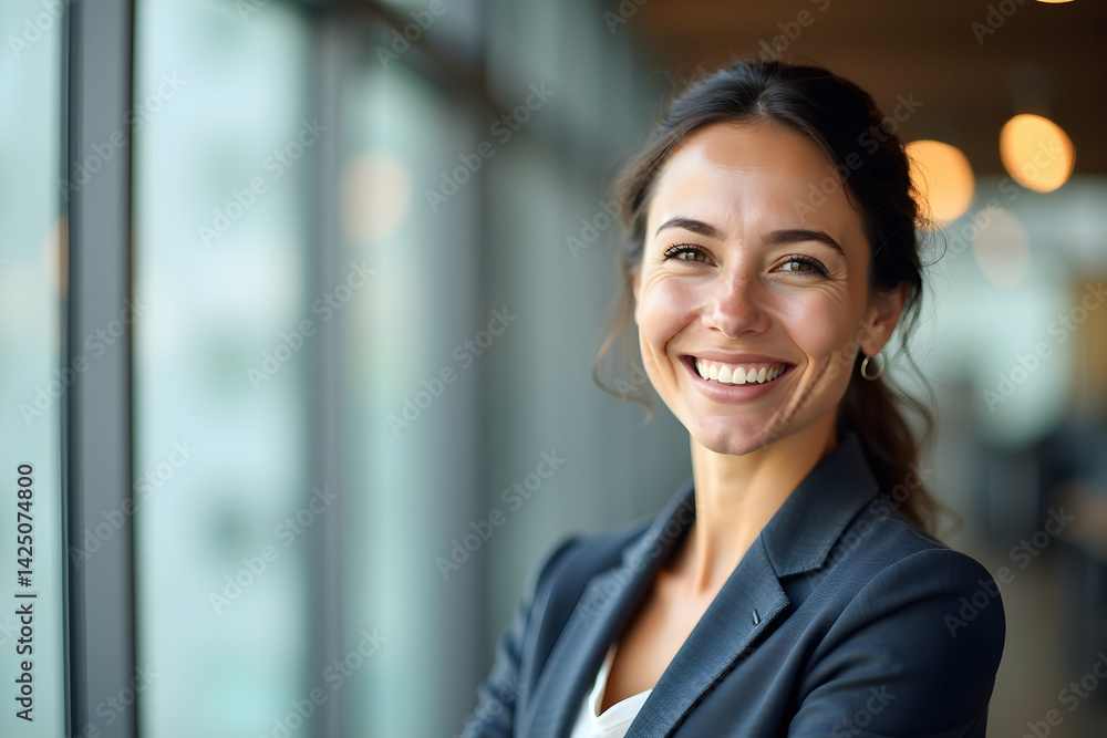 Confident Businesswoman Smiling with Copy Space, Empowering Success in the Modern Corporate World, Professionalism and Optimism at Work Confident Businesswoman Smiling with Copy Space, Empowering Success in the Modern Corporate World, Professionalism and Optimism at Work