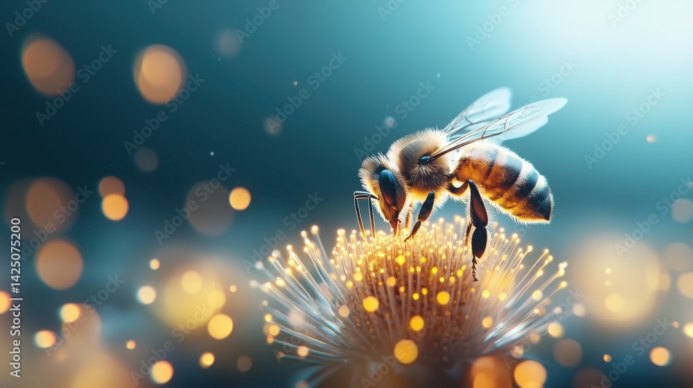 Naklejka premium A close-up of a bee collecting pollen from a flower, illuminated by a soft background, showcasing vibrant colors and details.