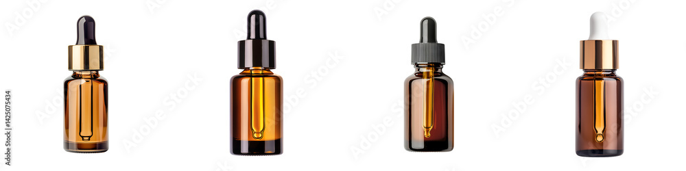 Naklejka premium Amber glass serum bottles with dropper caps. long_title:A set of amber glass serum or tincture bottles with pipette dropper caps, showcasing a