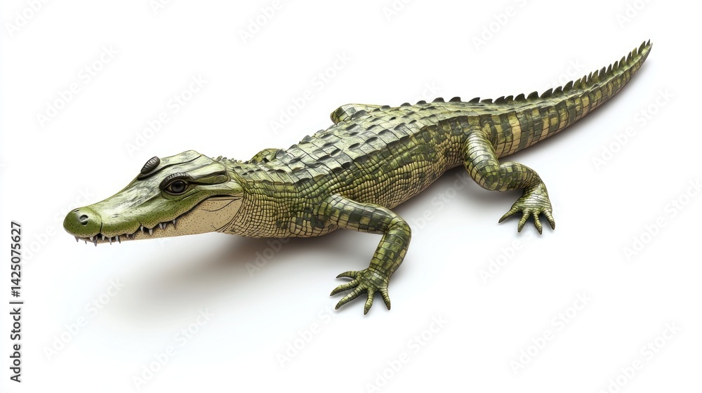 Naklejka premium Green alligator figurine, detailed scales, and sharp snout