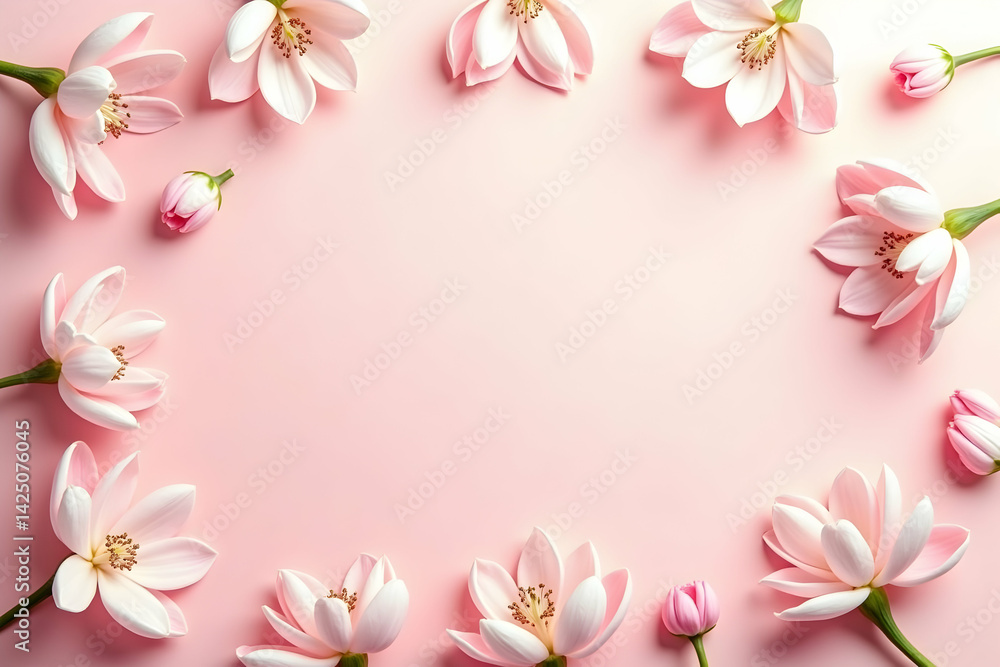 Naklejka premium Delicate arrangement of ethereal pink petals symmetrically positioned on a soft pastel backdrop, evoking tranquility and grace in floral elegance