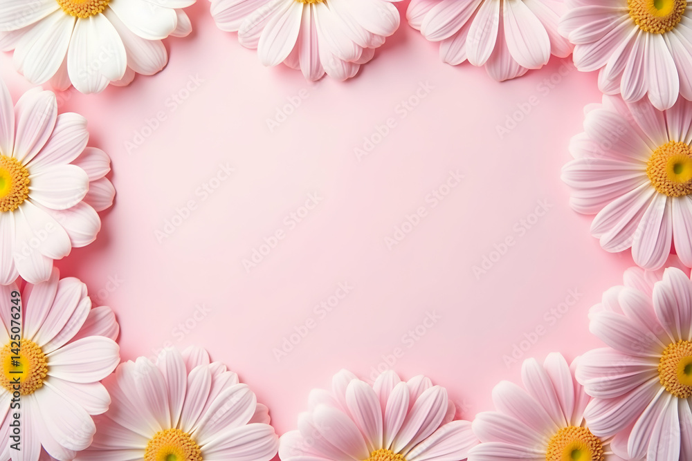 Delicate daisies arranged symmetrically on a soft pastel pink backdrop create a serene and inviting floral composition perfect for adding a touch of gentle beauty Delicate daisies arranged symmetrically on a soft pastel pink backdrop create a serene and inviting floral composition perfect for adding a touch of gentle beauty
