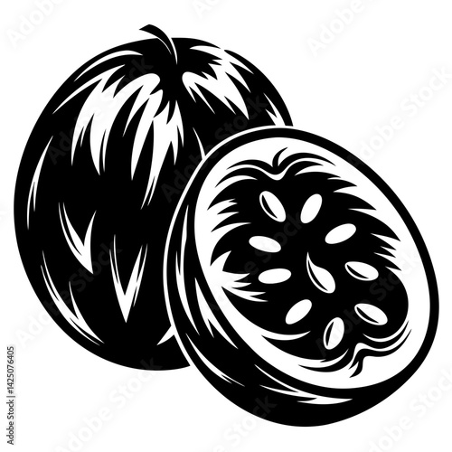 Graphical illustration of a passion fruit, cut in half, black and white