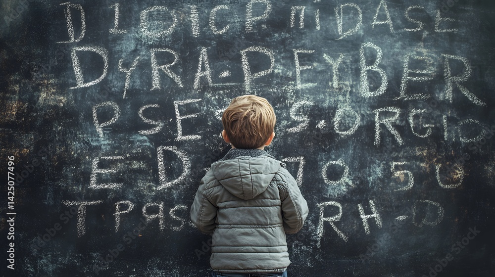 Child facing jumbled letters on chalkboard, symbolizing dyslexia challenges,
Child facing jumbled letters on chalkboard, symbolizing dyslexia challenges,