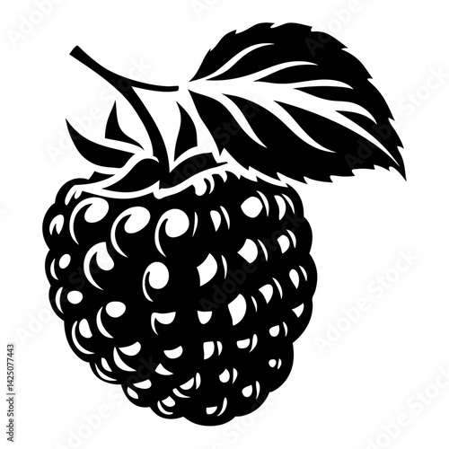 Black and white graphic illustration of a ripe raspberry fruit with leaf