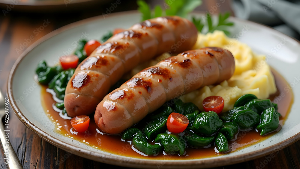 Delicious Boiled Sausages served with Creamy Mashed Potatoes and Fresh Greens, A Traditional and Heartwarming Meal for any time, creating perfect combination Delicious Boiled Sausages served with Creamy Mashed Potatoes and Fresh Greens, A Traditional and Heartwarming Meal for any time, creating perfect combination