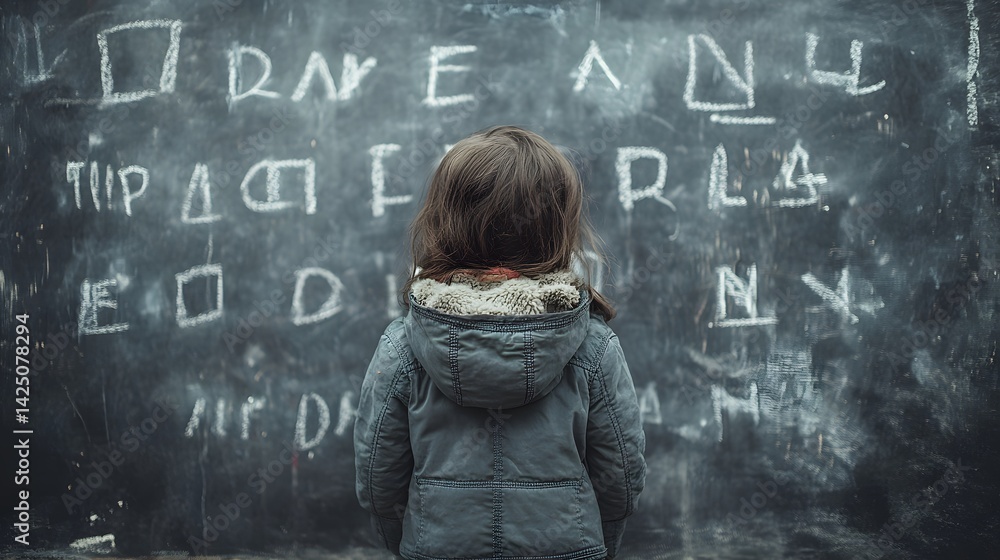 Child struggling with dyslexia shown through jumbled letters on chalkboard in classroom