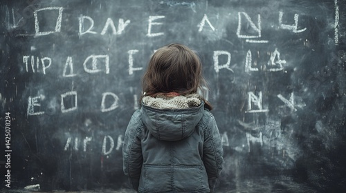 Obraz na płótnie Child struggling with dyslexia shown through jumbled letters on chalkboard in classroom
w salonie