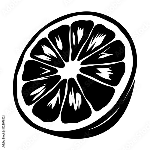 Monochrome stylized orange slice illustration in black and white simple aesthetic