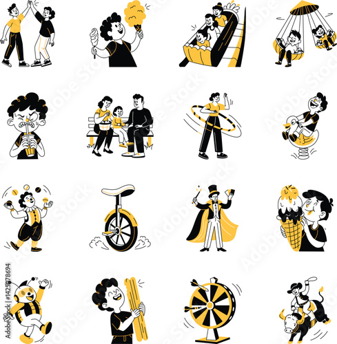 Set of Hand Drawn Amusement Park Art Illustrations 
