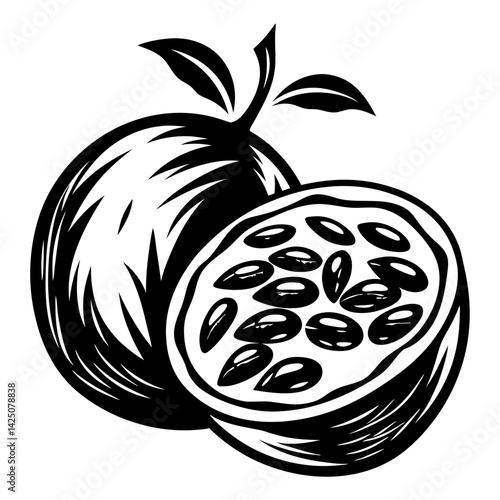 Black and white artistic vector illustration of a Passion Fruit cut in half