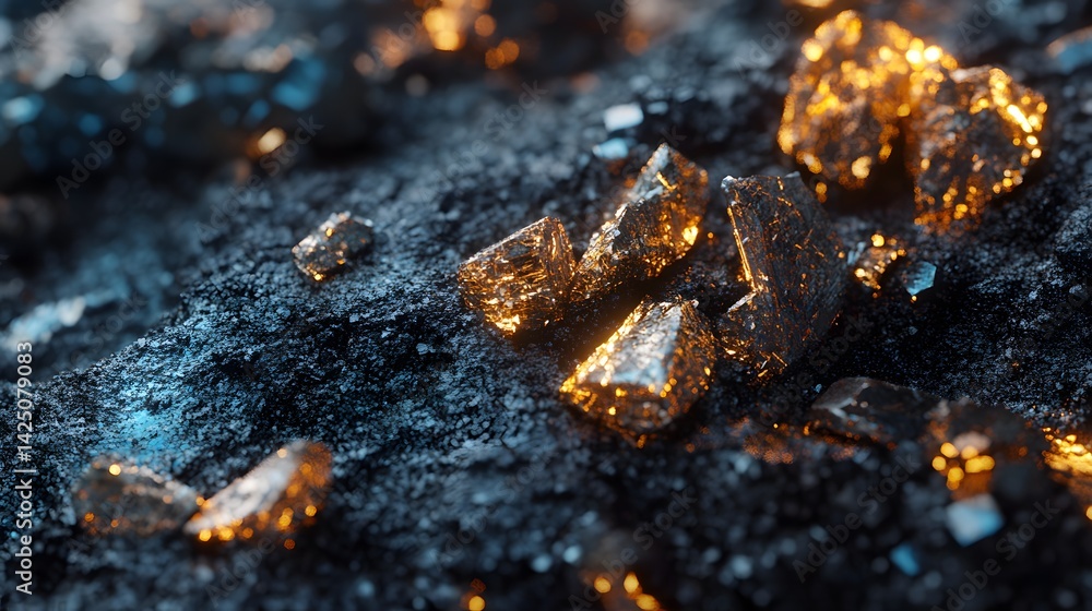 Fototapeta premium Shiny minerals representing rare earth elements in global economic and tech industries Title Copy Edit