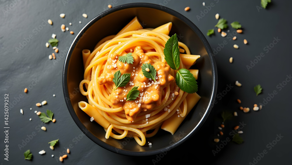 Delicious pasta with creamy sauce in bowl, a culinary masterpiece that tantalizes the taste buds, showcasing the art of pasta making and gourmet cuisine