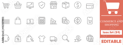 24 editable line icons for commerce and shopping. Includes cart, store, discount, delivery, money, and more. Perfect for websites, apps, and presentations.