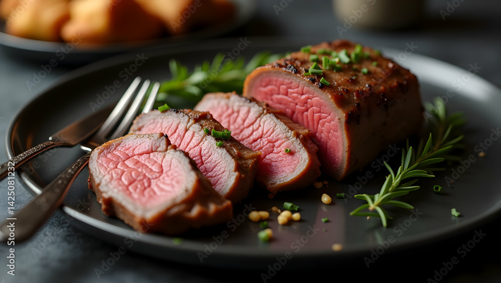 Deliciously Prepared Sliced Meat Presentation, A Culinary Still Life with Fork and Knife on a Plate, highlighting gourmet dining and fine cuisine Deliciously Prepared Sliced Meat Presentation, A Culinary Still Life with Fork and Knife on a Plate, highlighting gourmet dining and fine cuisine