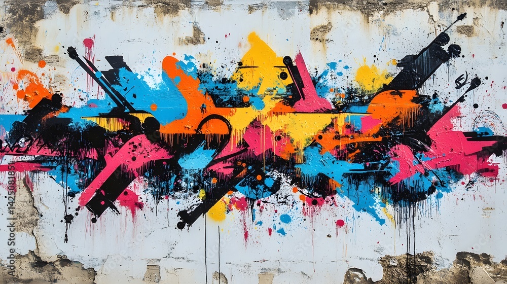 Fototapeta premium A vibrant, seamless pattern of colorful graffiti art layered on a weathered concrete wall, showcasing urban street art,
