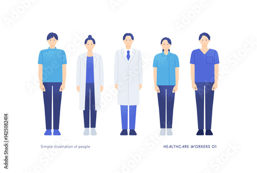 男女の医師、看護師、ヘルパー。親しみやすいタッチの医療従事者のイラスト。