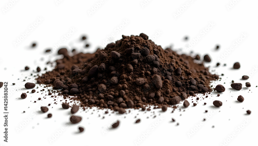 Detailed studio shot showcasing a pile of fertile garden soil, scattered artfully on a pristine surface, with a focus on texture and earthy richness Detailed studio shot showcasing a pile of fertile garden soil, scattered artfully on a pristine surface, with a focus on texture and earthy richness